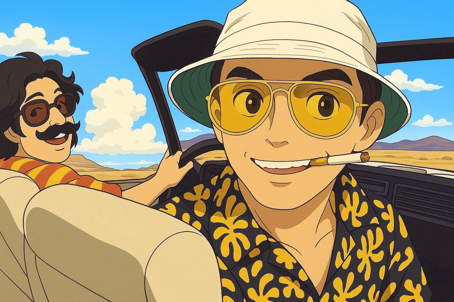 Before and after UnYellowGPT processing of a "Fear and Loathing in Las Vegas" style AI image in Ghibli style (after)