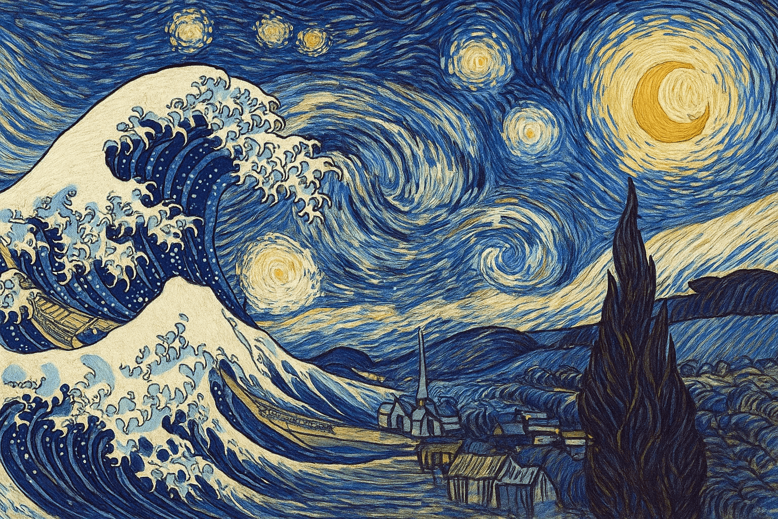 Before and after UnYellowGPT processing of an AI-generated image "Wave Meets Starry Night" (after)