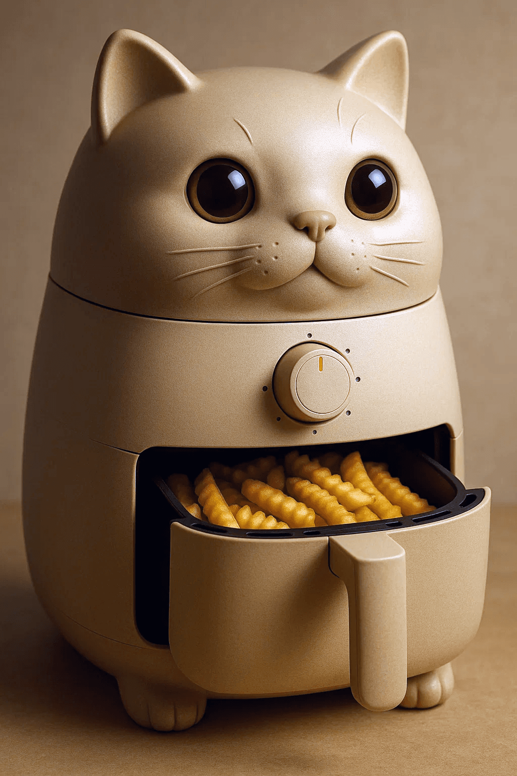 Before and after UnYellowGPT processing of an AI-generated image of a cat with airfryer (after)