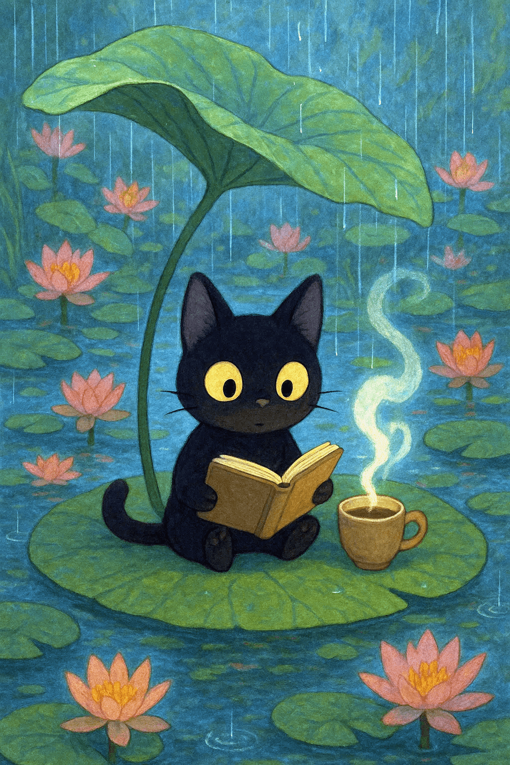 Before and after UnYellowGPT processing of an AI-generated image of a cat reading (after)