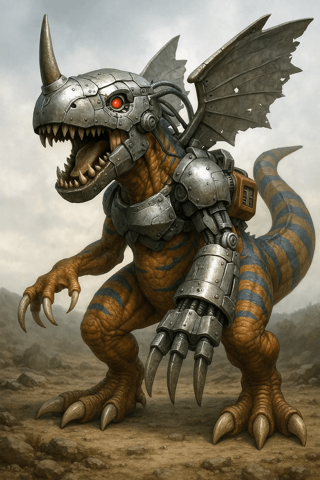 Before and after UnYellowGPT processing of an AI-generated cyborg dinosaur (after)