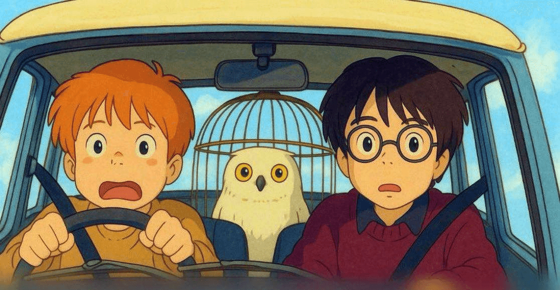 Before and after UnYellowGPT processing of an AI-generated image of Harry Potter and Ron Weasley in Ghibli style (after)