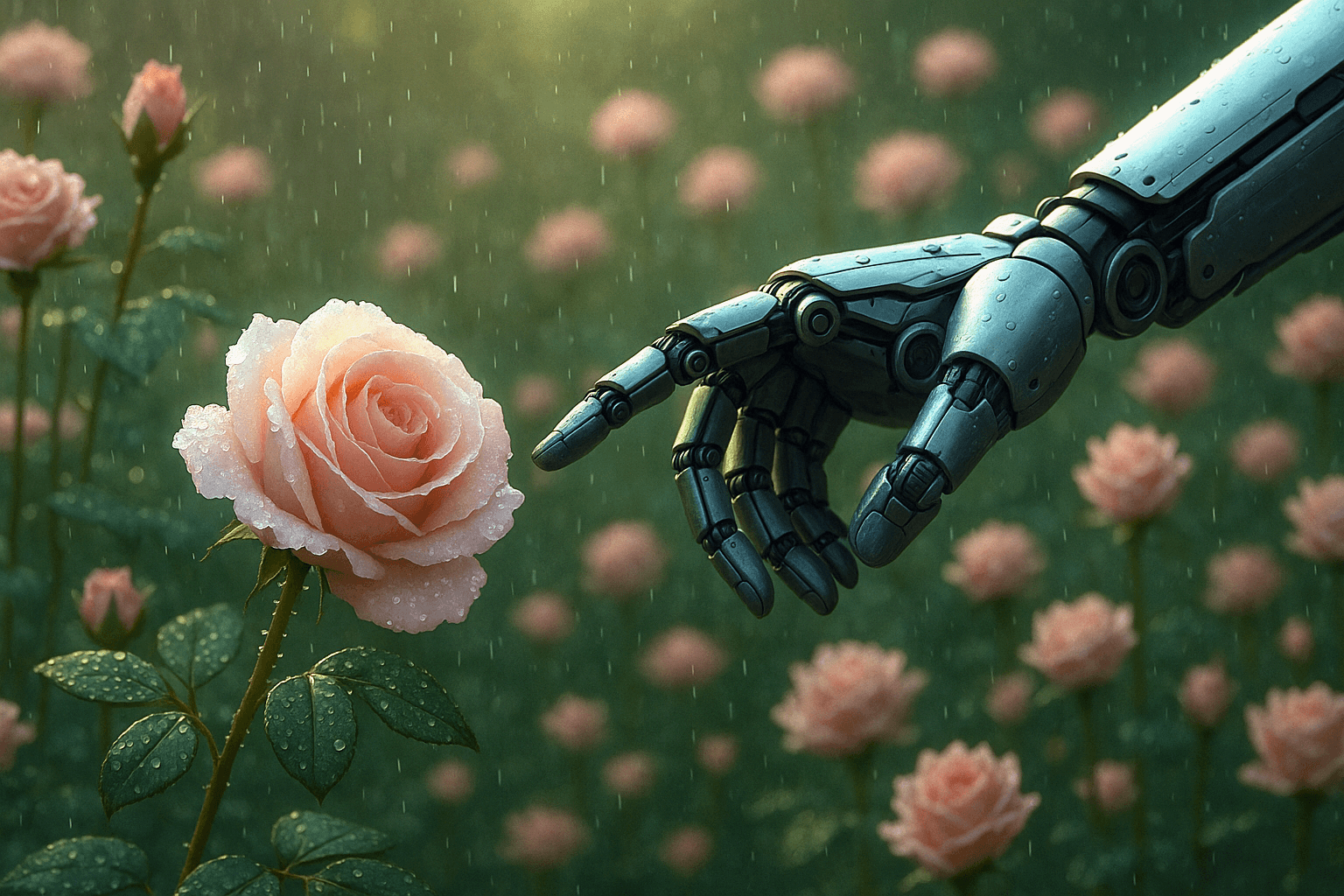 Before and after UnYellowGPT processing of an AI-generated mechanical hand with roses (after)