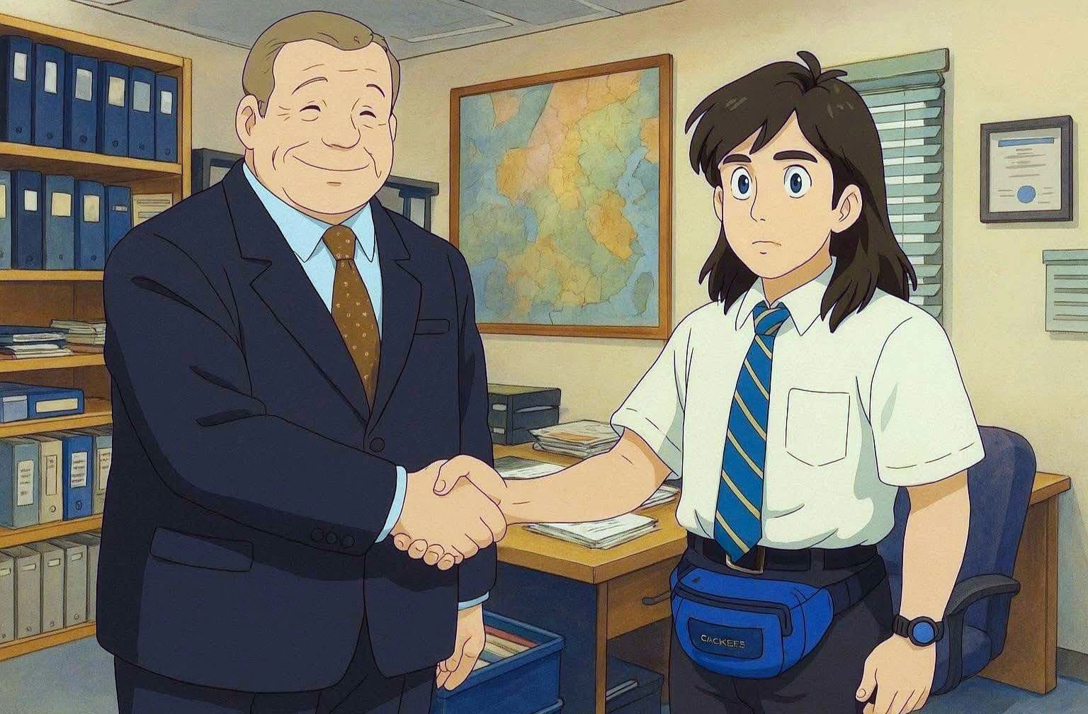 Before and after UnYellowGPT processing of an AI-generated image of The Office in Ghibli style (after)