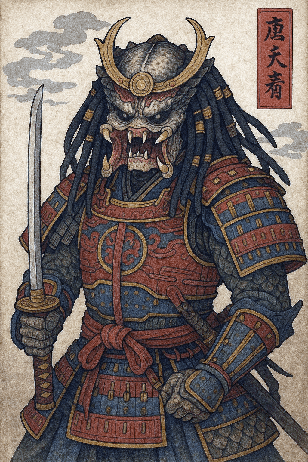 Before and after UnYellowGPT processing of an AI-generated samurai predator (after)