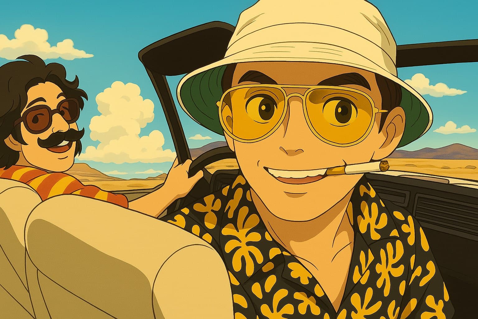Before and after UnYellowGPT processing of a "Fear and Loathing in Las Vegas" style AI image in Ghibli style (before)