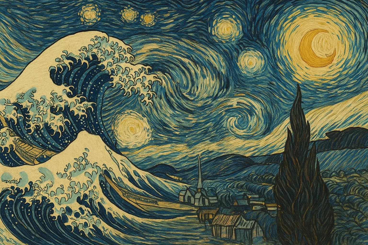 Before and after UnYellowGPT processing of an AI-generated image "Wave Meets Starry Night" (before)
