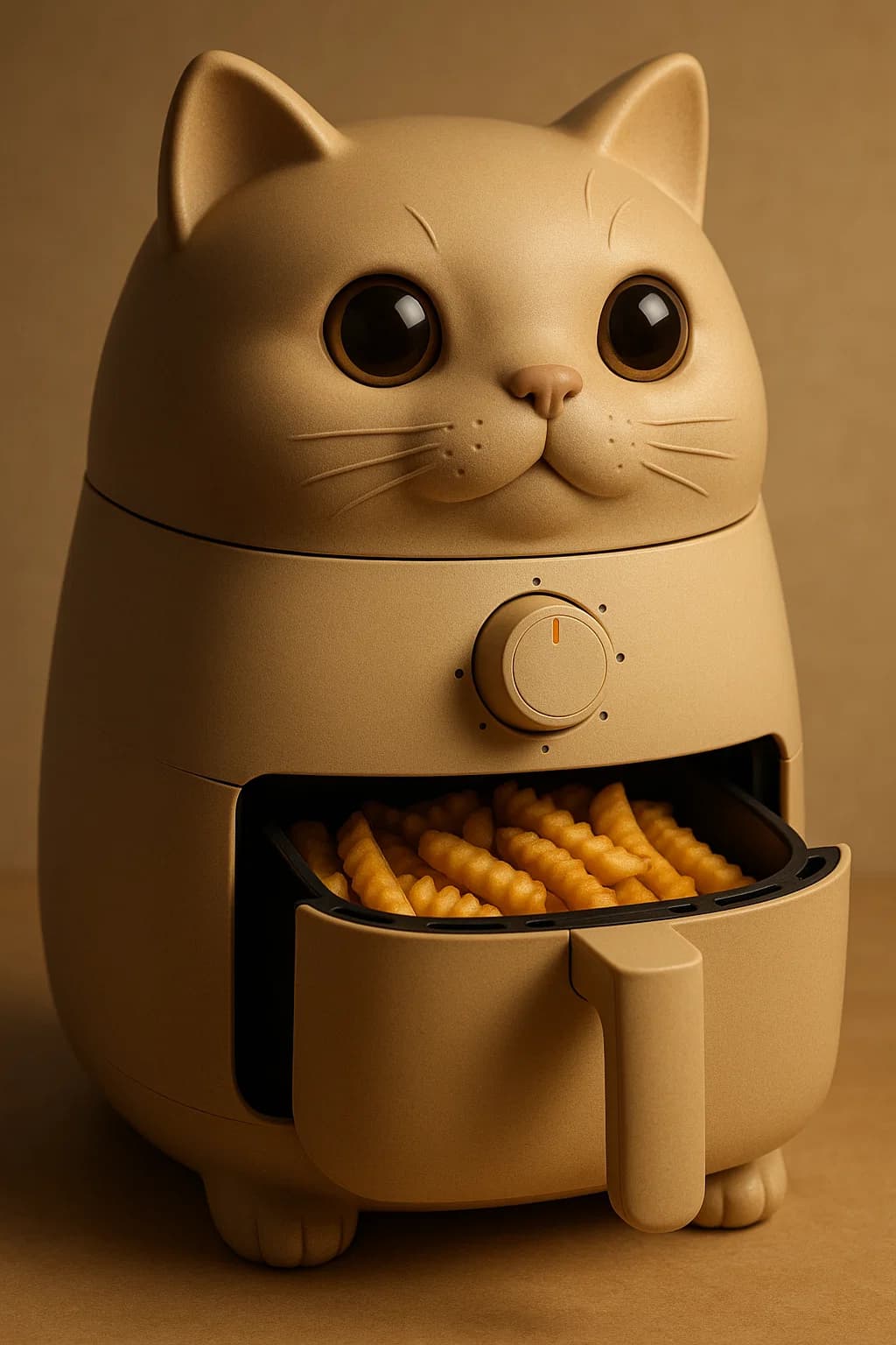 Before and after UnYellowGPT processing of an AI-generated image of a cat with airfryer (before)