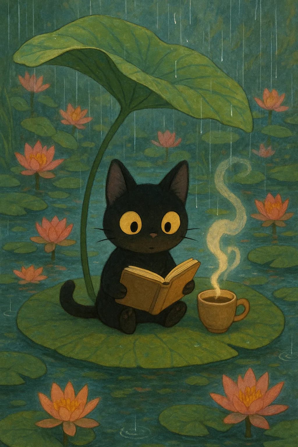 Before and after UnYellowGPT processing of an AI-generated image of a cat reading (before)