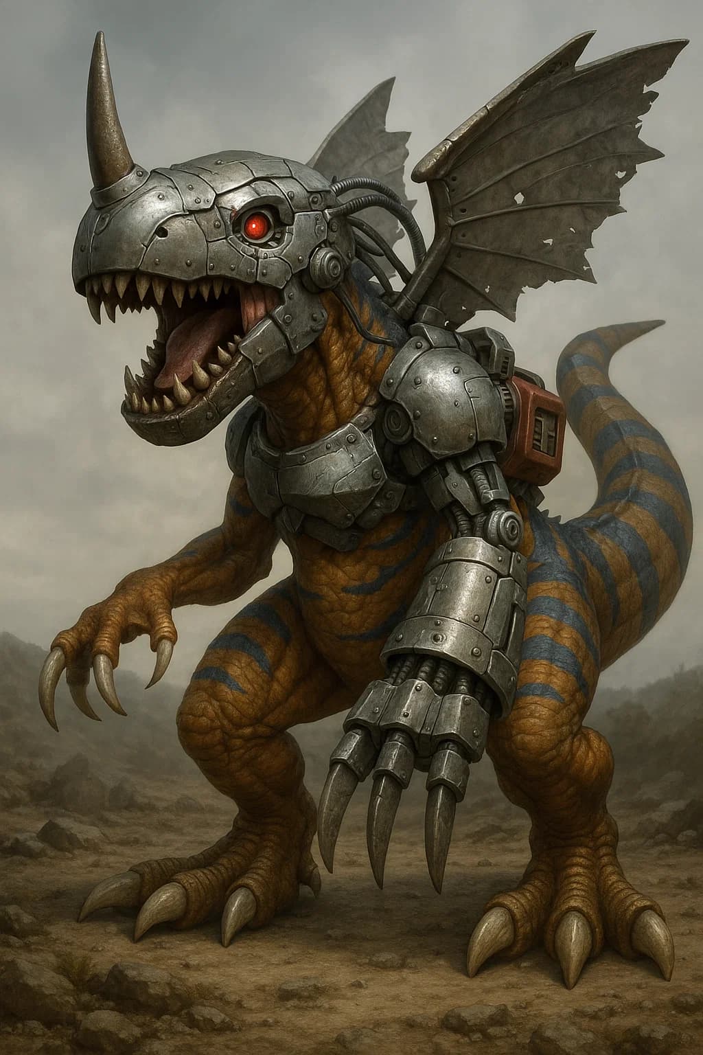 Before and after UnYellowGPT processing of an AI-generated cyborg dinosaur (before)