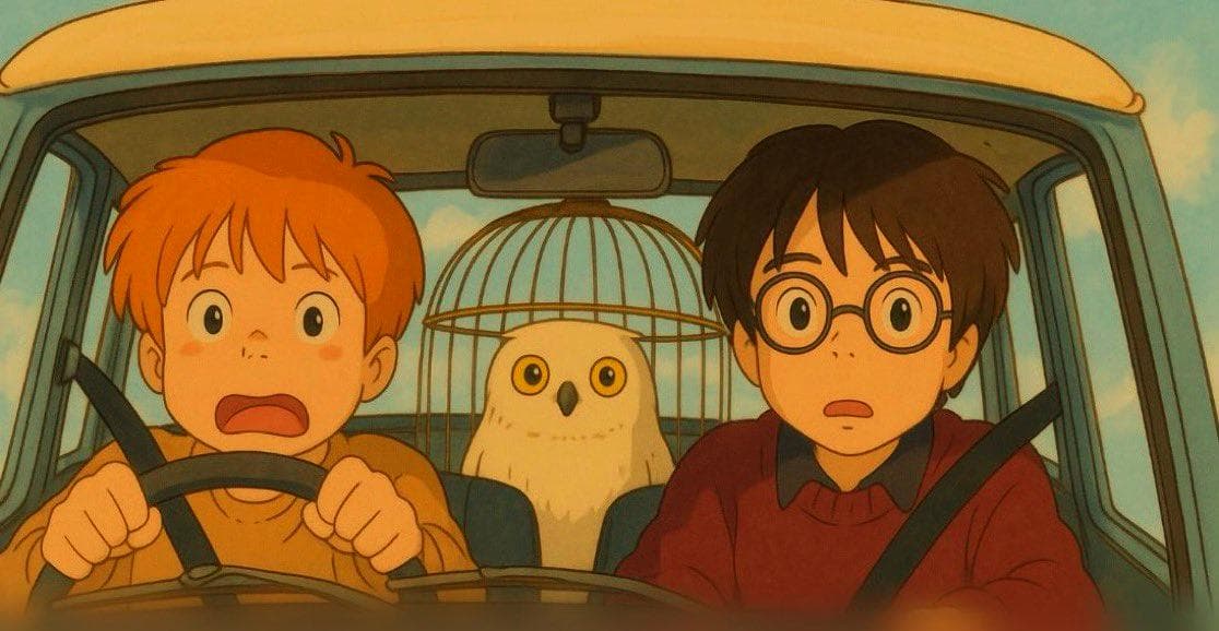 Before and after UnYellowGPT processing of an AI-generated image of Harry Potter and Ron Weasley in Ghibli style (before)