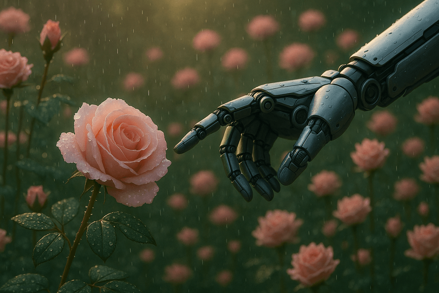 Before and after UnYellowGPT processing of an AI-generated mechanical hand with roses (before)