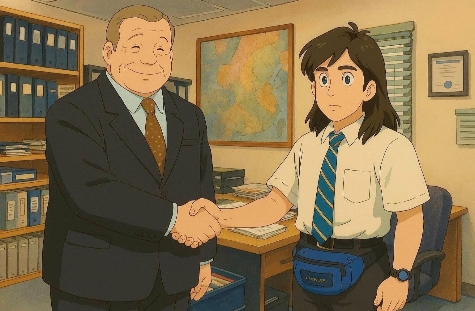 Before and after UnYellowGPT processing of an AI-generated image of The Office in Ghibli style (before)