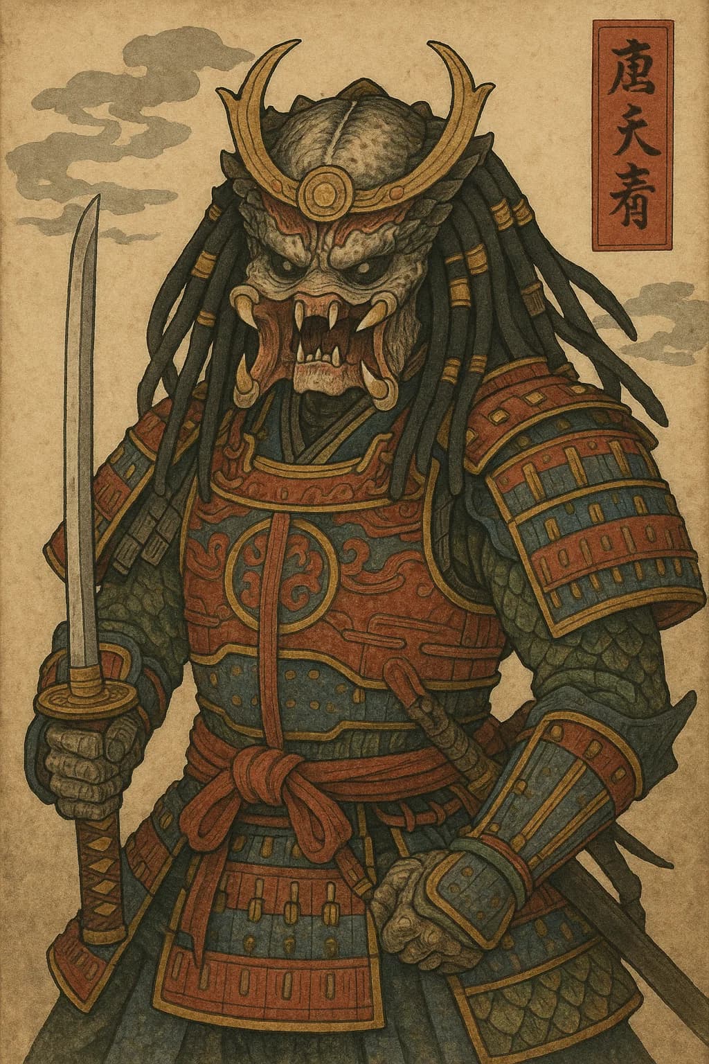 Before and after UnYellowGPT processing of an AI-generated samurai predator (before)