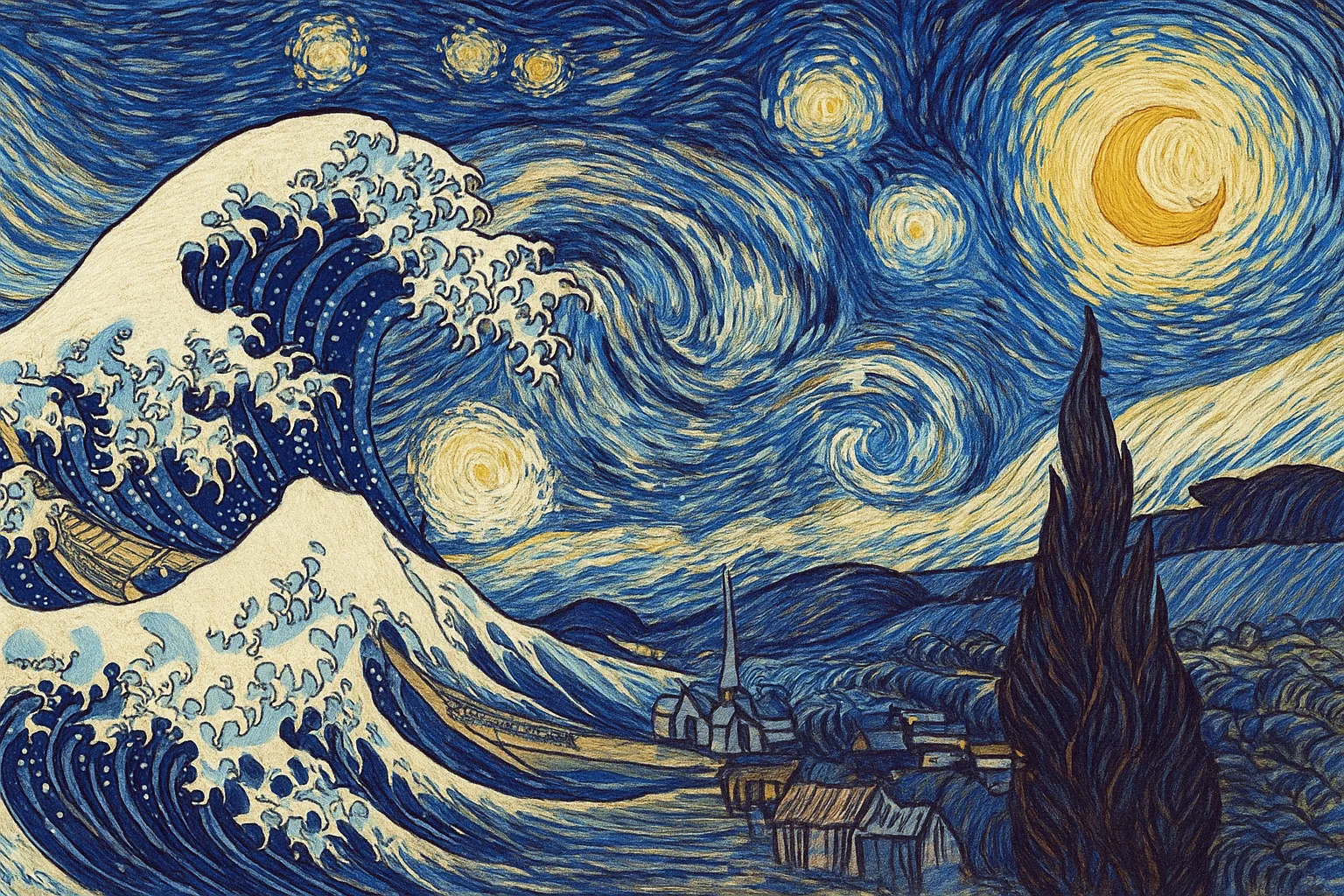 Color-corrected AI mashup of Starry Night and The Great Wave by UnYellowGPT